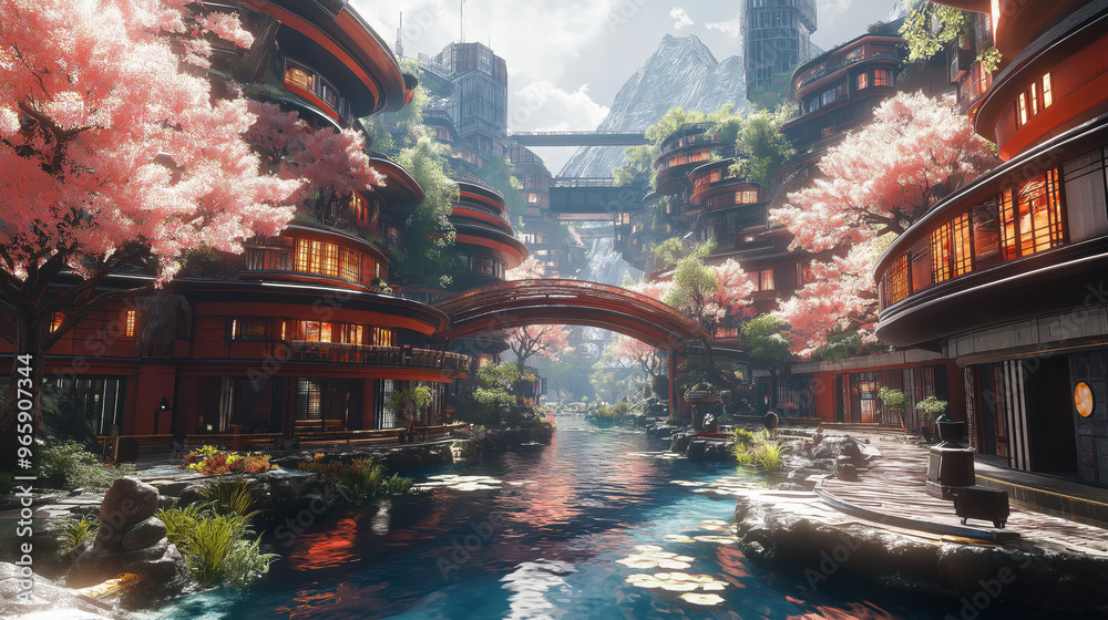 Fototapeta premium Futuristic Urban Oasis with Cherry Blossoms, Waterways, and Modern Architecture