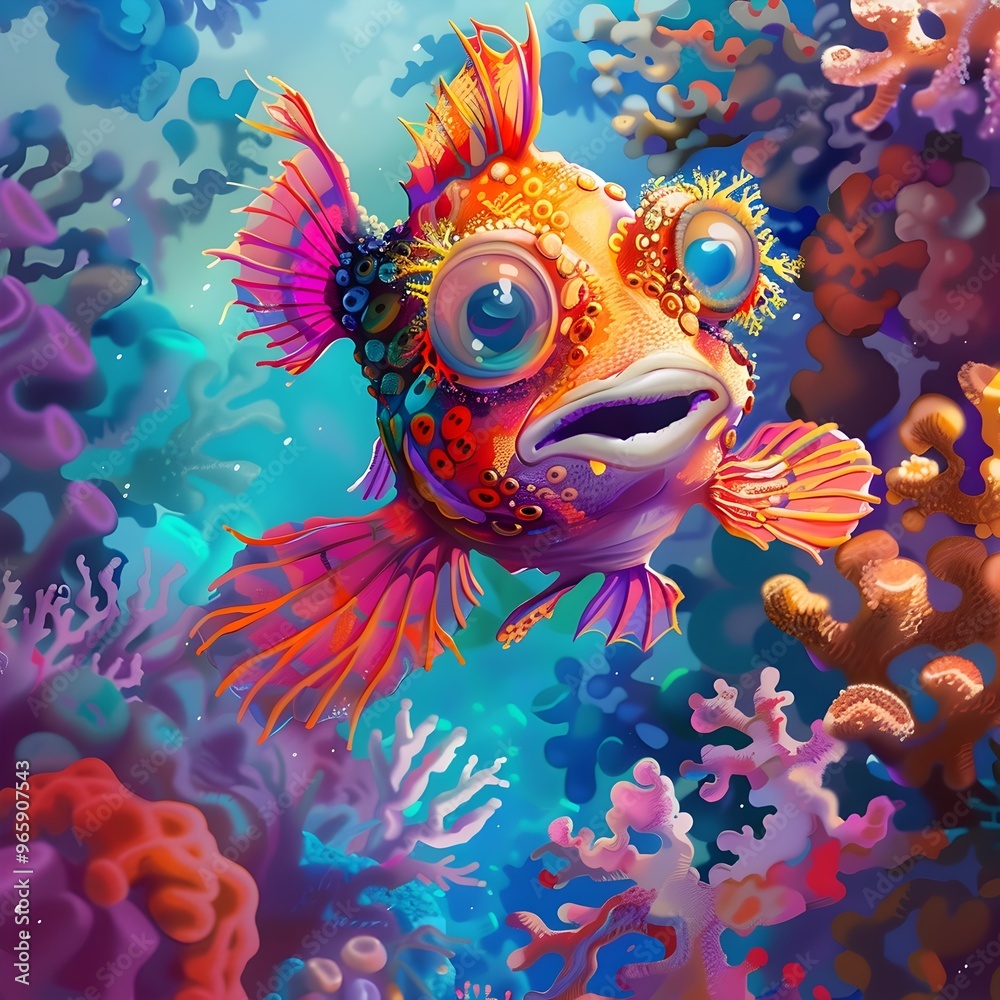 Vibrant Cartoon Fish Gliding Through Lively Coral Reef Underwater Scene Vibrant Cartoon Fish Gliding Through Lively Coral Reef Underwater Scene