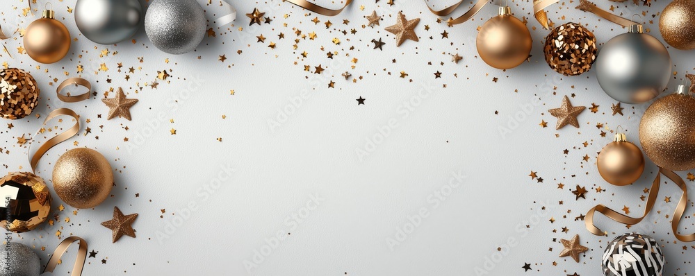 Elegant festive background featuring shimmering ornaments and golden stars, perfect for holiday celebrations and event invitations. Elegant festive background featuring shimmering ornaments and golden stars, perfect for holiday celebrations and event invitations.
