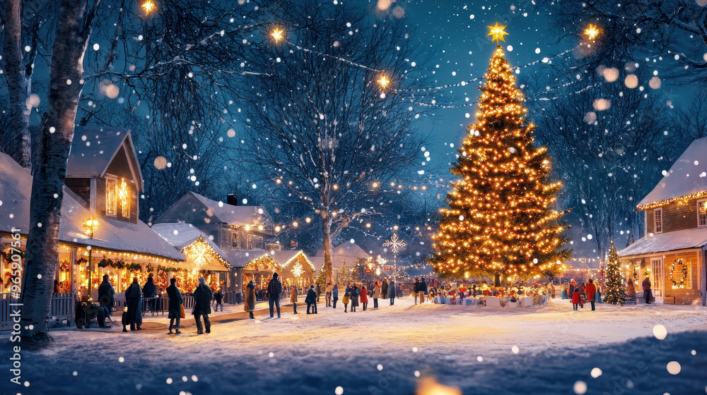 Festive winter scene featuring a beautifully decorated Christmas tree, snowy surroundings, and joyful crowds celebrating the holiday season Festive winter scene featuring a beautifully decorated Christmas tree, snowy surroundings, and joyful crowds celebrating the holiday season