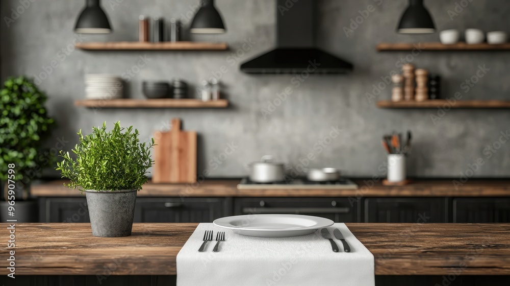 Elegant kitchen scene featuring stylish decor, modern utensils, and fresh greenery on a rustic wooden table. Elegant kitchen scene featuring stylish decor, modern utensils, and fresh greenery on a rustic wooden table.