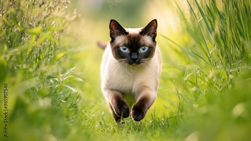 A Siamese cat running through a grassy path, showcasing its agility and beauty.