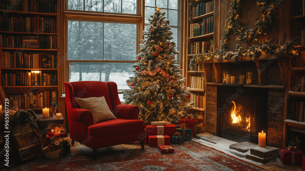 Cozy Christmas Living Room with Fireplace, Decorated Tree, and Gifts by the Window Cozy Christmas Living Room with Fireplace, Decorated Tree, and Gifts by the Window
