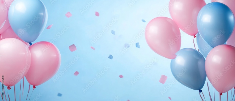 Beautiful panoramic background with pink and blue balloons, with copy space Beautiful panoramic background with pink and blue balloons, with copy space