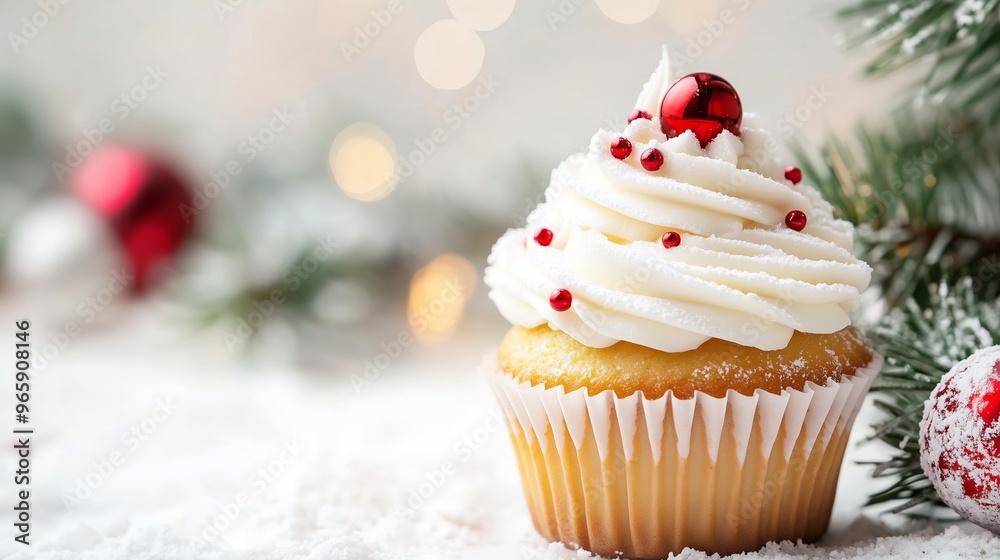 Delicious festive cupcake decorated with cream and red sprinkles during the holiday season on a snowy backdrop with ornaments Delicious festive cupcake decorated with cream and red sprinkles during the holiday season on a snowy backdrop with ornaments