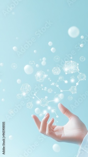 Hand reaching out to digital virus icons on a light blue background. Futuristic healthcare and disease prevention concept for monkeypox