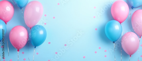 Beautiful panoramic background with pink and blue balloons, with copy space