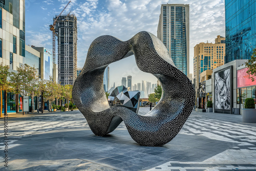 A modern art installation stands prominently in Dubai Design District, surrounded by sleek skyscrapers and vibrant urban atmosphere. unique sculpture adds an artistic flair to contemporary landscape photo