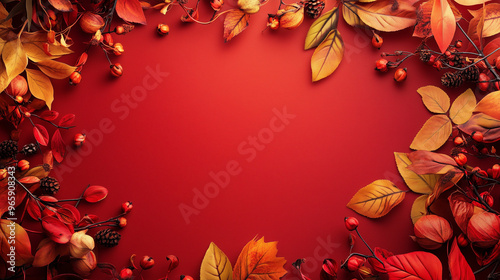 Red background with autumn leaves