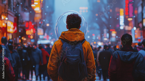 A man in a yellow jacket is standing in a crowd of people