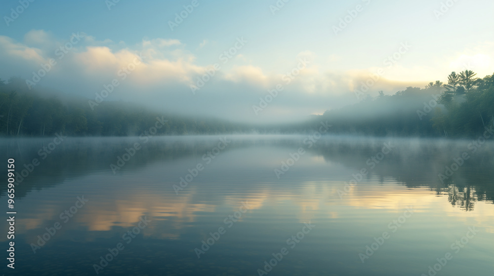 Fototapeta premium Misty lake at sunrise with calm water reflection
