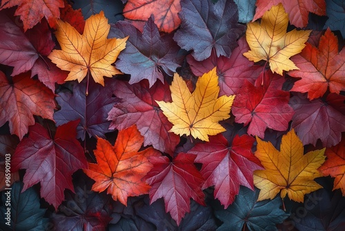 autumnhued maple leaves in various stages of color change arranged in artistic composition showcasing rich reds warm oranges and golden yellows celebrating seasonal beauty photo