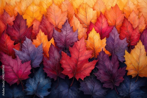 autumnhued maple leaves in various stages of color change arranged in artistic composition showcasing rich reds warm oranges and golden yellows celebrating seasonal beauty photo