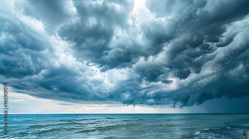 Dark storm clouds over a calm ocean