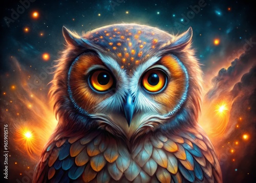 Glowing eyes owl portraits vibrant colors whimsical nightscapes starry skies dreamy soft focus ethereal mystical