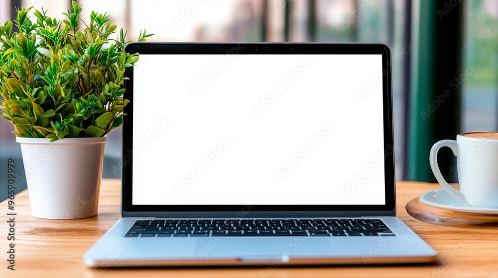 Fototapeta premium A modern laptop on a wooden table with a coffee cup and a potted plant, creating an inviting workspace ambiance.