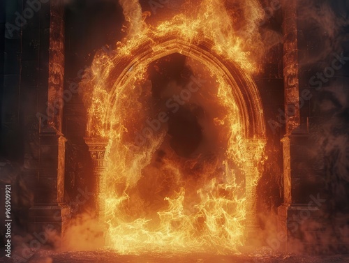 ancient stone archway engulfed in mystical flames intricate architectural details illuminated by fiery glow atmosphere of magic and transformation fantasyinspired scene photo