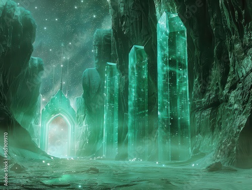 ancient temple entrance carved into luminous crystal cliffs mysterious energy tendrils float from doorway with starry cosmic expanse visible beyond the threshold photo