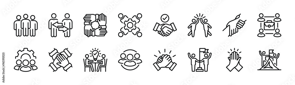 Teamwork thin line icon vector set. Business team working together. Containing cooperation, collaboration, agreement, unity, handshake, help, management, group people, achievement, partnership