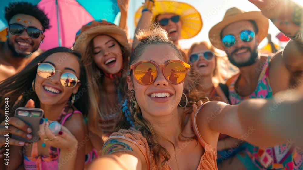 Joyful group of friends taking a selfie at a vibrant festival