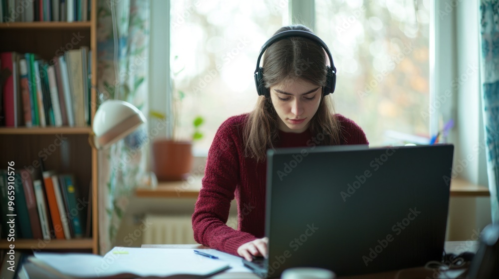 A student adapting to online learning by setting up a study area with a computer, headset, and educational materials at home A student adapting to online learning by setting up a study area with a computer, headset, and educational materials at home