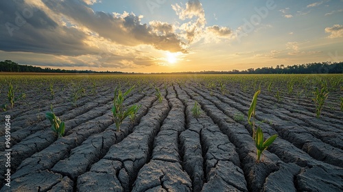 A wide shot of a drought-stricken field with deep cracks in the soil, representing global warming's impact on agriculture photo