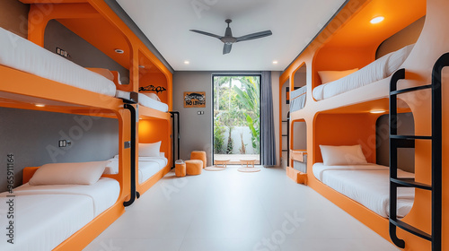 Modern dormitory room with six beds in orange bunk bed setup, minimalist design, white bed linens, ceiling fan, large window with view of greenery, and seating area.