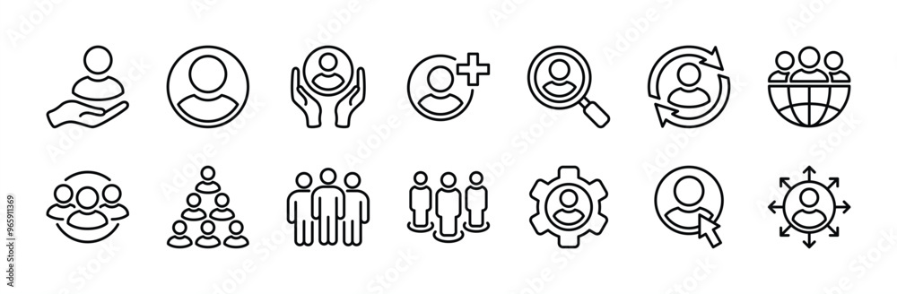 Human resource thin line icon vector set. Containing business group people, recruitment, team management, connectivity, community, global connection, organization, social network, changeover, choose Human resource thin line icon vector set. Containing business group people, recruitment, team management, connectivity, community, global connection, organization, social network, changeover, choose