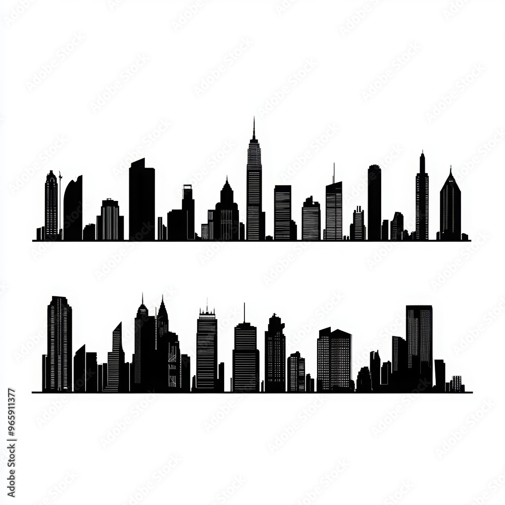 Naklejka premium skyline cityscape urban buildings architecture silhouette black and white modern metropolitan skyline silhouette city skyline urban landscape skyscrapers