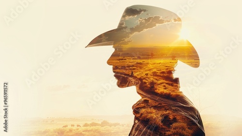 Double Exposure of Texas Cowboy with Open Plains and Sunset in the Countryside

