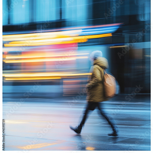 walking blurred movement urban scene city life street motion lights person coat backpack winter fashion dynamic abstract commuter nighttime cityscape pedestrian 