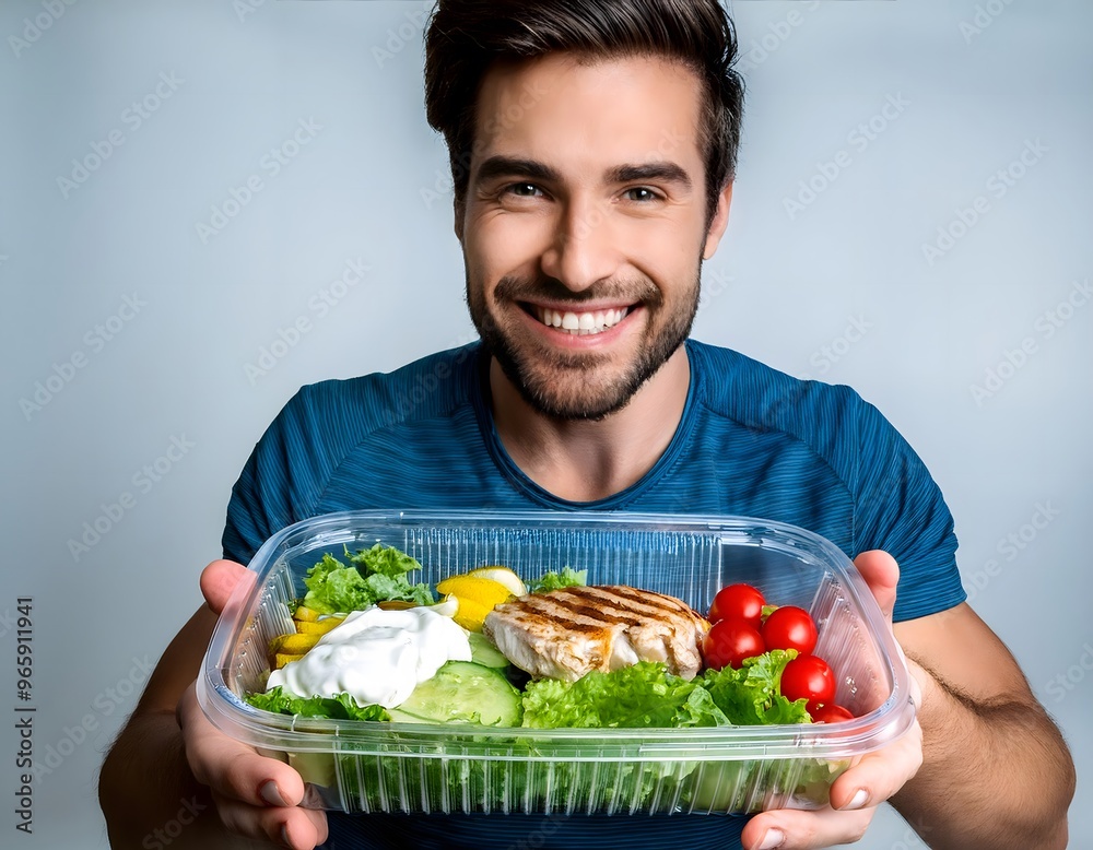 Close-up of a plastic container with green salad, tomatoes, cheese and meat inside held by a smiling young man. Concept of healthy food, balanced nutrition. Close-up of a plastic container with green salad, tomatoes, cheese and meat inside held by a smiling young man. Concept of healthy food, balanced nutrition.