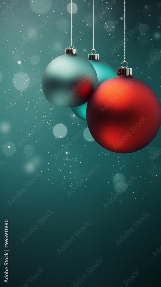 Christmas red and green matte ornaments on teal green background with copy space Christmas red and green matte ornaments on teal green background with copy space