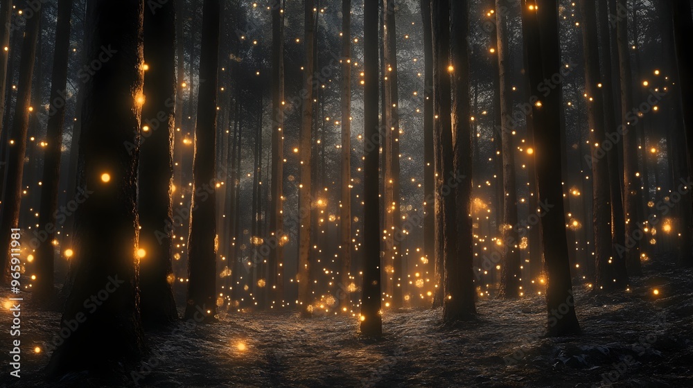Obraz premium Enchanting Firefly Glow in Mystical Autumn Woodland Landscape at Night