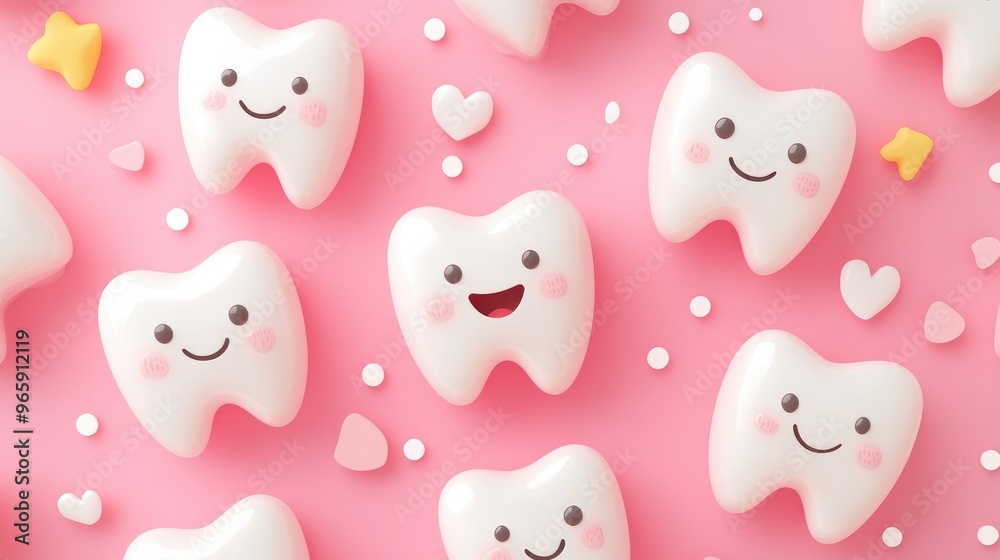 Adorable smiling teeth icons on a soft pink background, conveying dental hygiene in a fun, whimsical design Adorable smiling teeth icons on a soft pink background, conveying dental hygiene in a fun, whimsical design
