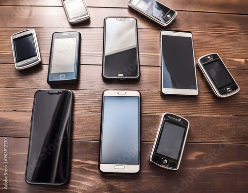 Top view of a dark wooden table on which several different models of mobile phones are resting.