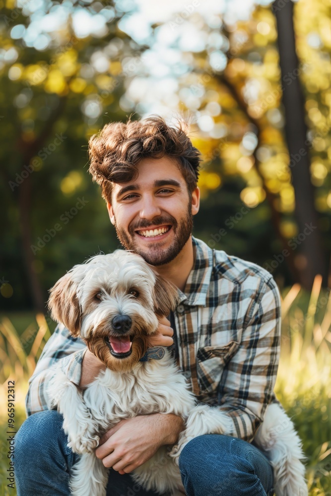 Joyful man holding his pet dog close, smiling brightly Joyful man holding his pet dog close, smiling brightly