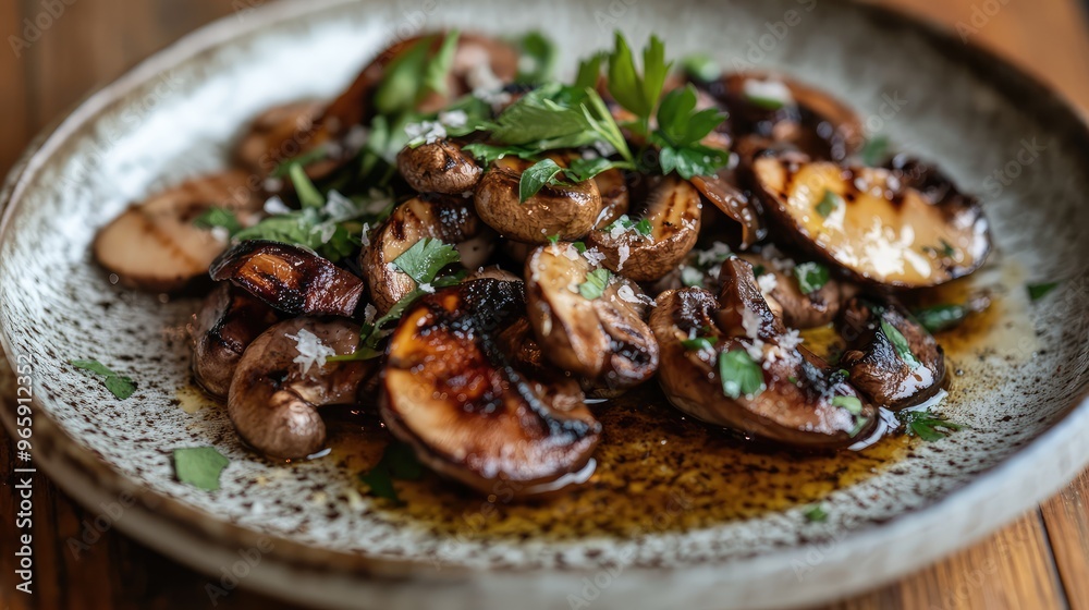 A beautifully plated dish featuring grilled mushrooms, drizzled with truffle oil, and garnished with fresh herbs, highlighting the umami notes A beautifully plated dish featuring grilled mushrooms, drizzled with truffle oil, and garnished with fresh herbs, highlighting the umami notes