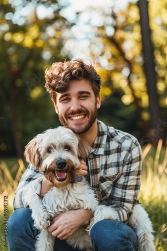 Joyful man holding his pet dog close, smiling brightly