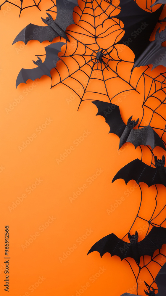 Bats flying near spider web on orange background, Halloween concept