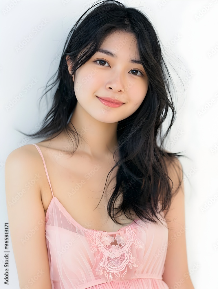 Beautiful Smiling Japanese Woman in Pink Dress Against White Background Beautiful Smiling Japanese Woman in Pink Dress Against White Background