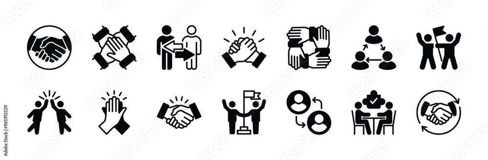 Cooperation flat icon vector set. Containing teamwork, team working together, agreement, handshake, collaboration, achievement, support, success business, share, deal, meeting, goal, partnership Cooperation flat icon vector set. Containing teamwork, team working together, agreement, handshake, collaboration, achievement, support, success business, share, deal, meeting, goal, partnership