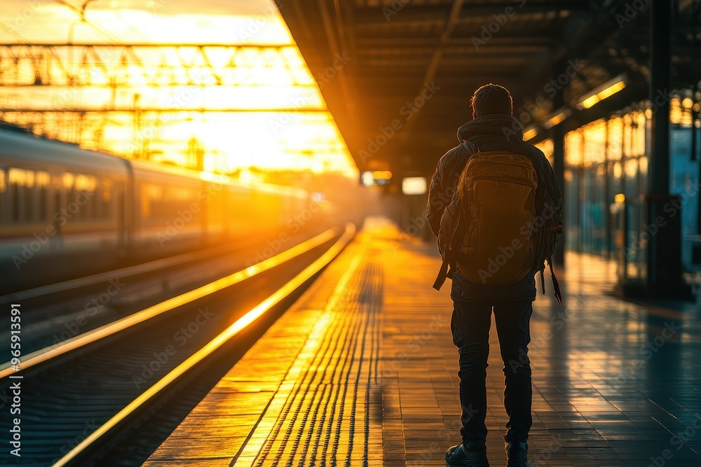 Obraz premium A man with a backpack stands on a train platform at sunset