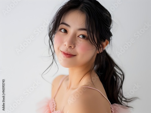 Radiant Japanese Woman in Pink Dress Exudes Captivating Charm on White Background