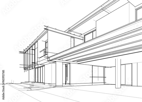 Architectural sketch of a building 3d illustration