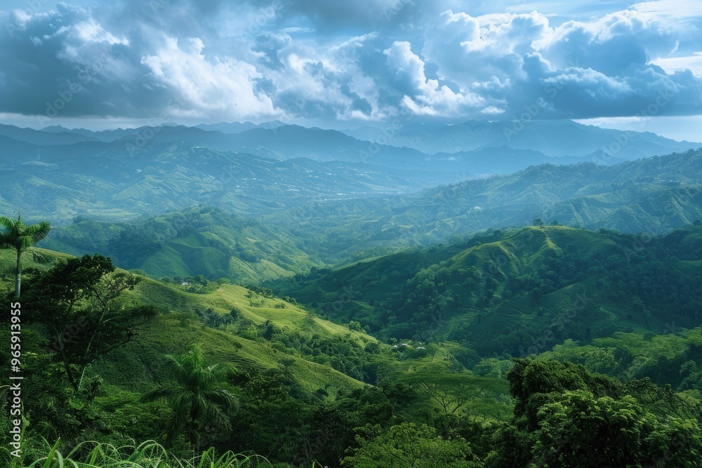Fototapeta premium Breathtaking Mountain Landscape with Lush Green Hills Under a Dramatic Cloudy Sky