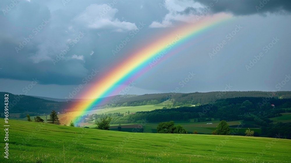 Vibrant rainbow over green fields and distant mountains Vibrant rainbow over green fields and distant mountains
