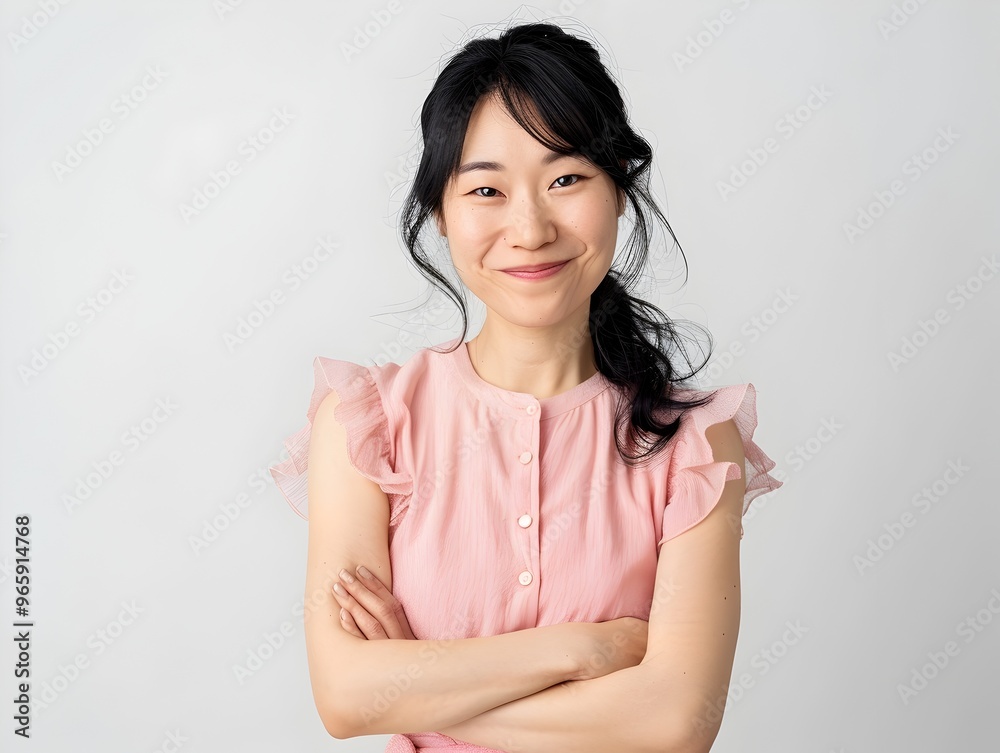 Confident and Cheerful Japanese Woman Wearing Pink Dress in Studio Portrait Confident and Cheerful Japanese Woman Wearing Pink Dress in Studio Portrait