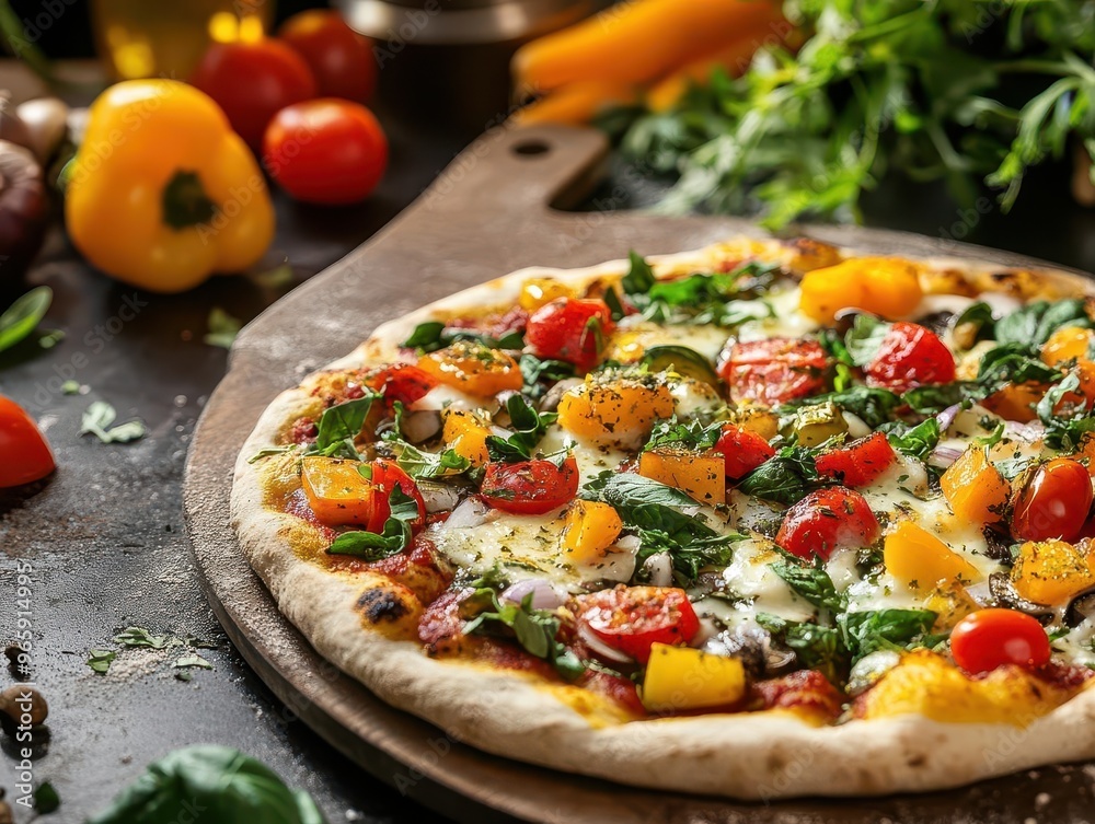 artisanal pizza creation showcasing vibrant fresh ingredients woodfired crust with perfect char marks colorful vegetables melting cheese and aromatic herbs in a rustic kitchen setting