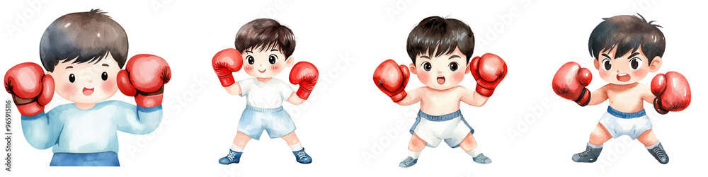 Cute cartoon illustration of a young boxer in different boxing poses with red gloves and white shorts, perfect for sports-related designs. Cute cartoon illustration of a young boxer in different boxing poses with red gloves and white shorts, perfect for sports-related designs.